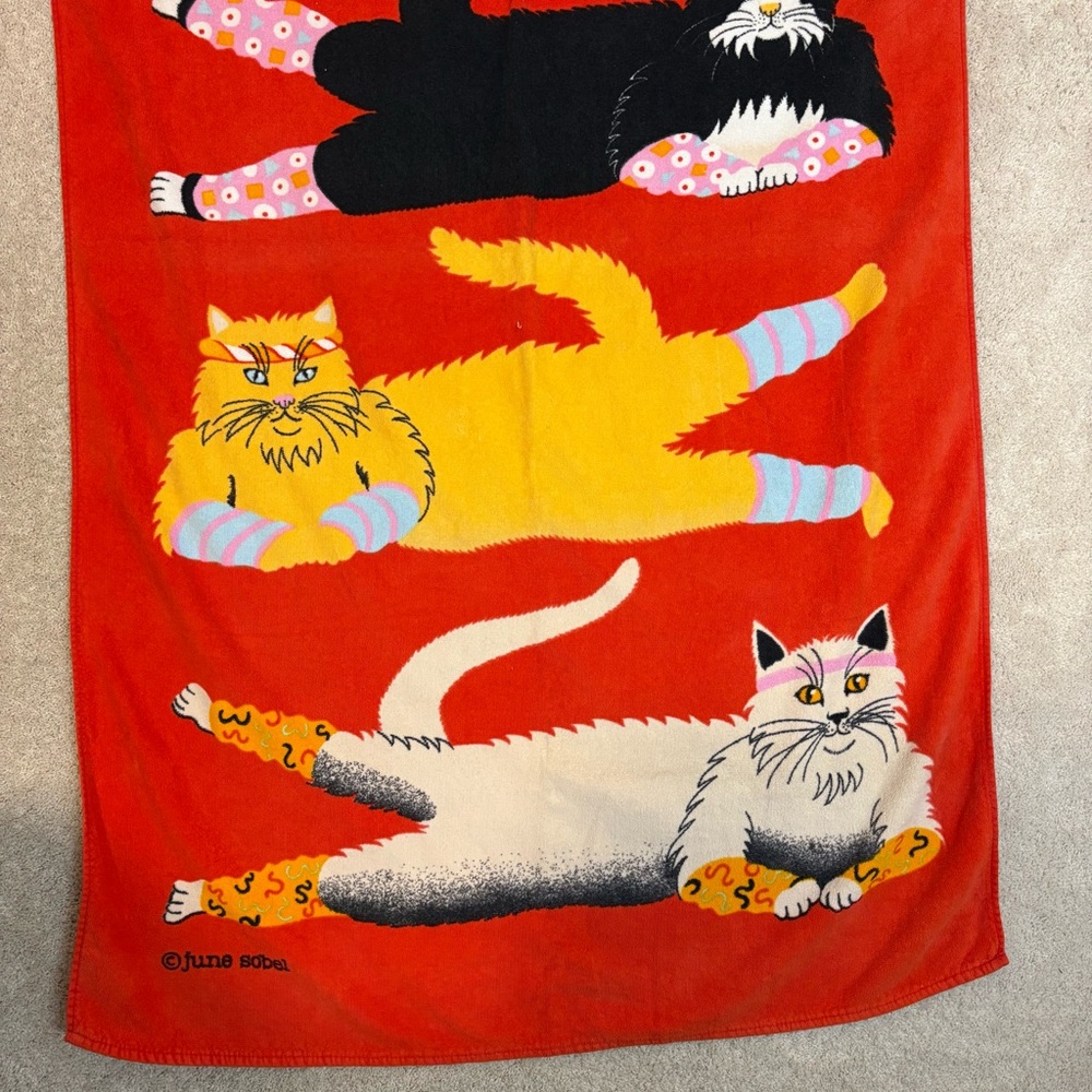 Vintage June Sobel Beach Towel Cat Exercise 57”x32” Red 80s Yoga - Picture 4 of 13